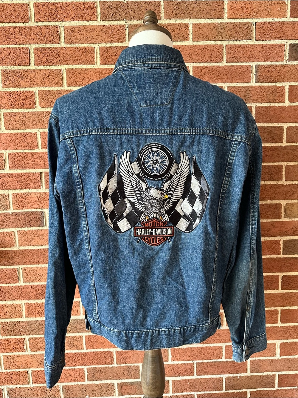 Vintage Harley Davidson Denim Jacket Mens Eagle Checkered Flag Back Patch, M